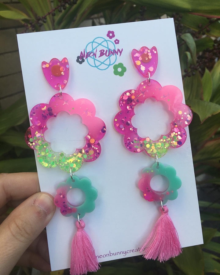 Pink Flower Blossom Dangles Glitter Earrings
