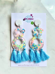 Candy hearts statement dangles with blue tassels