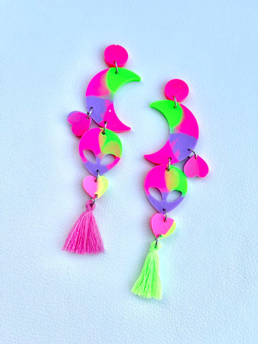 Neon alien statement dangles with tassels