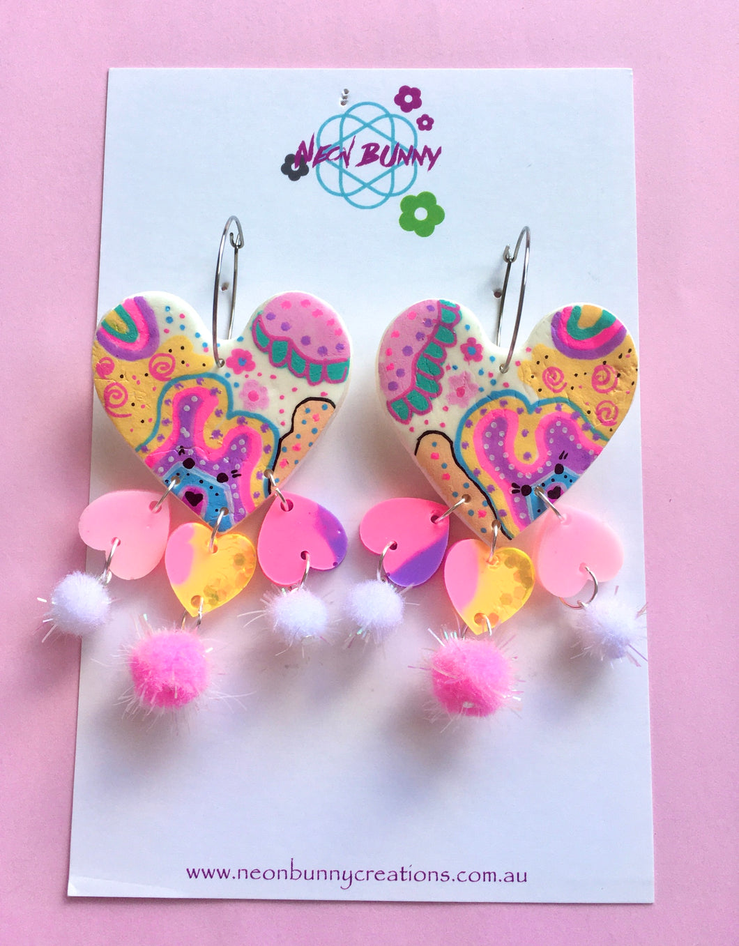 Bunny land Large Heart Earrings With Pom Poms