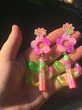 Load image into Gallery viewer, Daisy Cactus Dangles- Neon Glitter Statement Earrings (Made To Order)