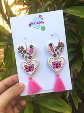Load image into Gallery viewer, Butterfly Heart Dangles Pink Clay Earrings