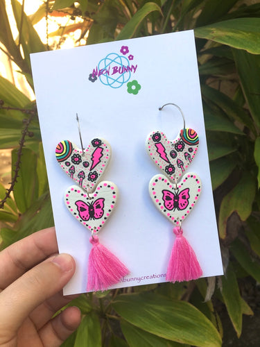 Butterfly Heart Dangles Pink Clay Earrings