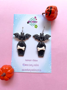 Spooky bat coffin earrings