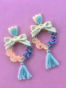 Minty Blossom Earrings With Tassels Flower Dangles