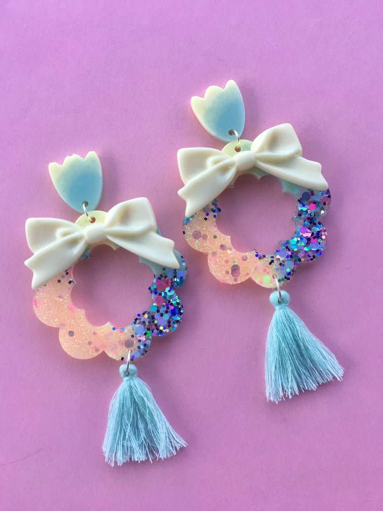 Minty Blossom Earrings With Tassels Flower Dangles